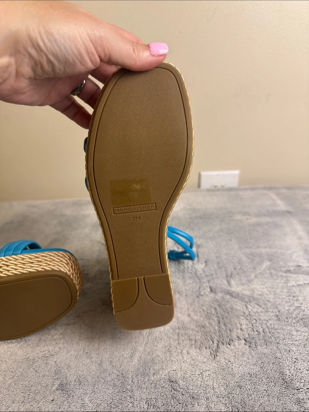 Marc Fisher Blue Leather Ankle Strap Espadrille Wedge Heel Sandal - Size 7 NWOB